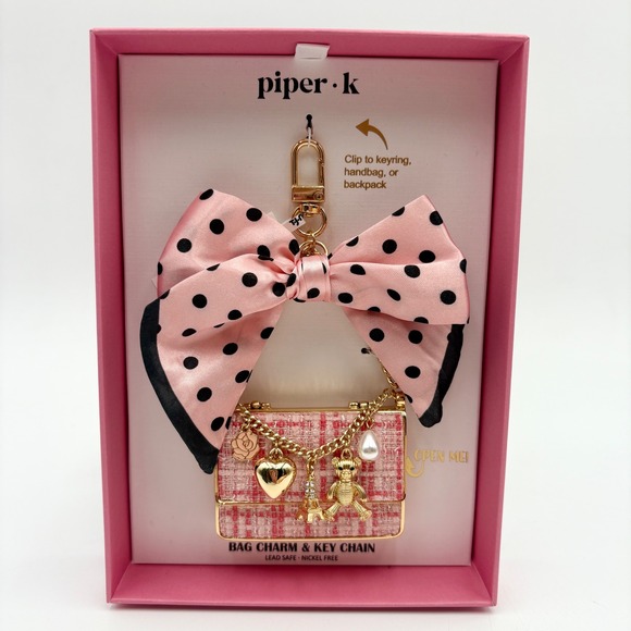 Piper K Bag Charm Key Chain Pink Tweed Purse Bow Gold Tone Cute Fun Accessory
